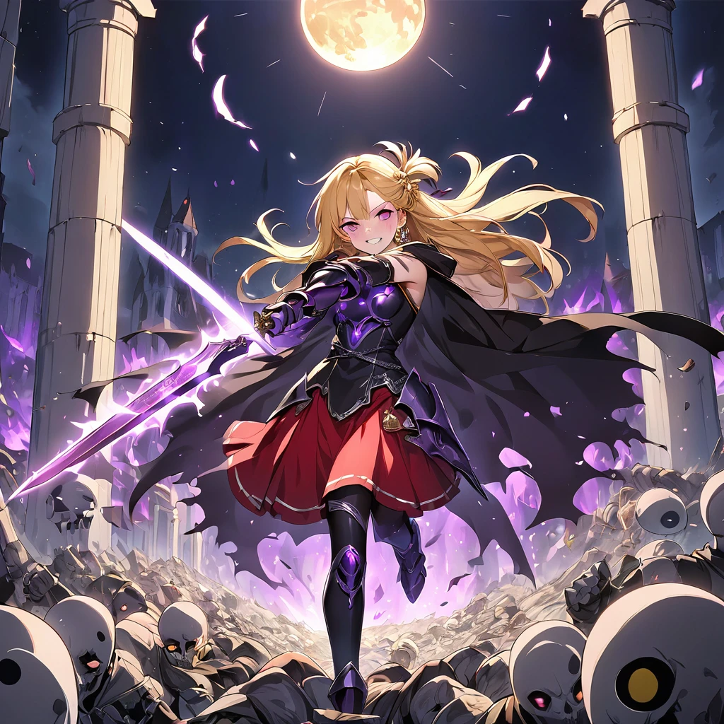 dark persona, Feeling dark energy, destroying, killing people, pile of corpses, at midnight, moon, ecstasy, looking at viewer, armor, fighting stance, happy, blush, evil grin, black leg armor, knight, long hair, octagonal yin yang mirror, purple eyes, audience, pillars of purple fire, 1 woman, black cape, runes, black dress, Ruined city, gold decoration, Summoning a dark sword, at midnight, gold hair, earring, chains, yin yang, red skirt, beautiful art, depth of field, high res, perfect face, detailed outfit