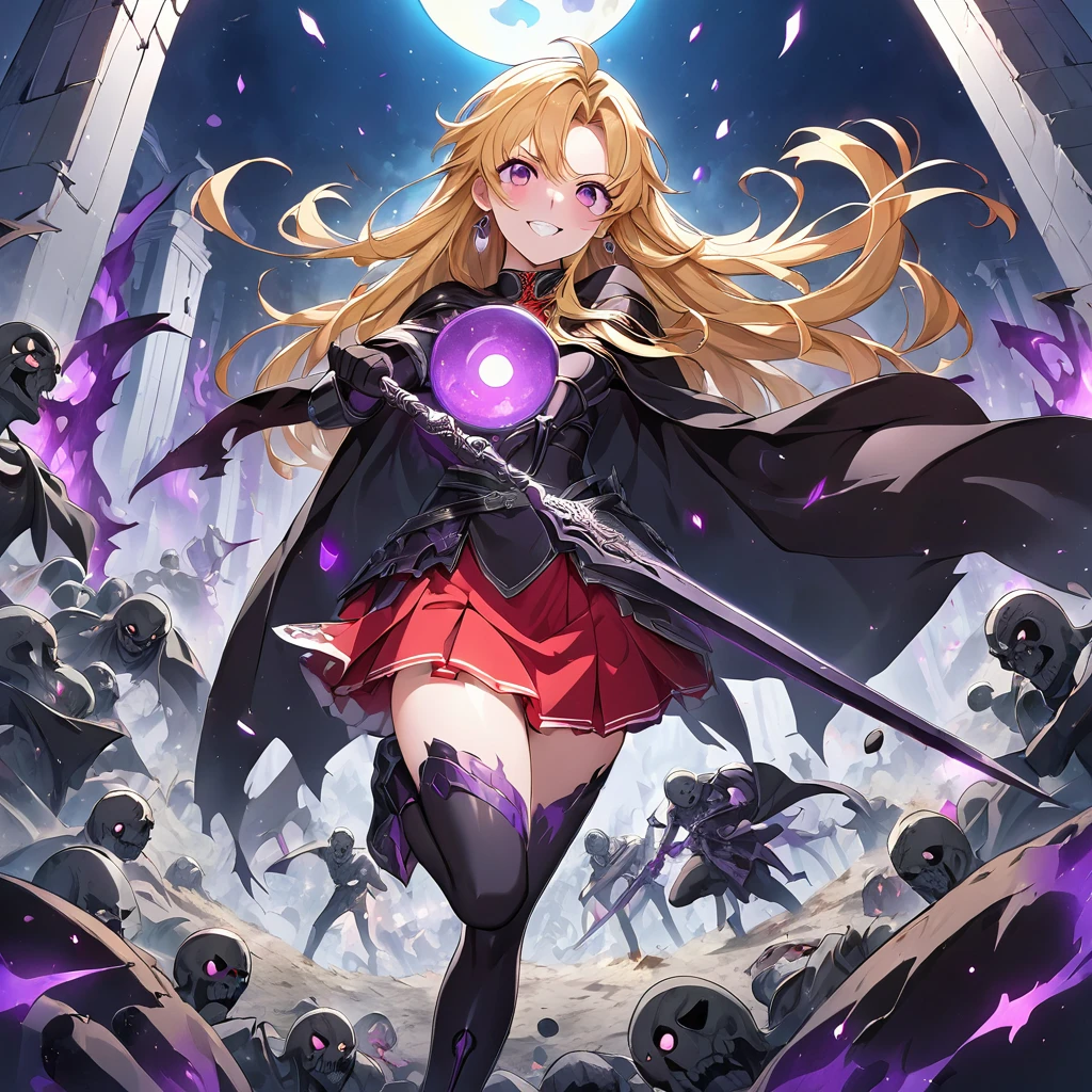 dark persona, Feeling dark energy, destroying, killing people, pile of corpses, at midnight, moon, ecstasy, looking at viewer, armor, fighting stance, happy, blush, evil grin, black leg armor, knight, long hair, octagonal yin yang mirror, purple eyes, audience, pillars of purple fire, 1 woman, black cape, runes, black dress, Ruined city, gold decoration, Summoning a dark sword, at midnight, gold hair, earring, chains, yin yang, red skirt, beautiful art, depth of field, high res, perfect face, detailed outfit
