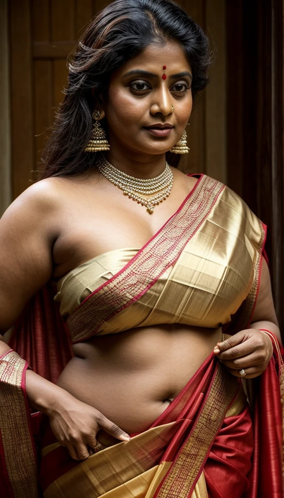 An Extremely gorgeous and beautiful Bengali village woman, 50 yo, thick curvy figure, true desi milf beautiful aunty, pale white skin, mature woman skin, juicy thick figure, jiggly belly, sensual appealing body, perfect thick and chubby Beauty, wearing saree bare-chested, curvy, sexy navel folds, fleshy figure, Bengali village style saree, wearing a Bengali-style saree without a blouse,, ethnic vintage bengali village woman, bengali style saree, The sari was worn without a blouse and petticoat before the British Raj, baring one's chest or being blouseless, simple village ornaments, Bengalis a.k.a. Bongs are known for their unique Bengali fashion sense (the way they don that sari makes you go wow), Pre British Raj, Pre colonial era, Bengali Woman draping sari without blouse is a normal thing in pre British Era, bong woman, fine Art photography, artistic photography, sensually appealing, erotic fantasy, ethnic traditional beauty, real armpit hair, low waist saree, insane details,