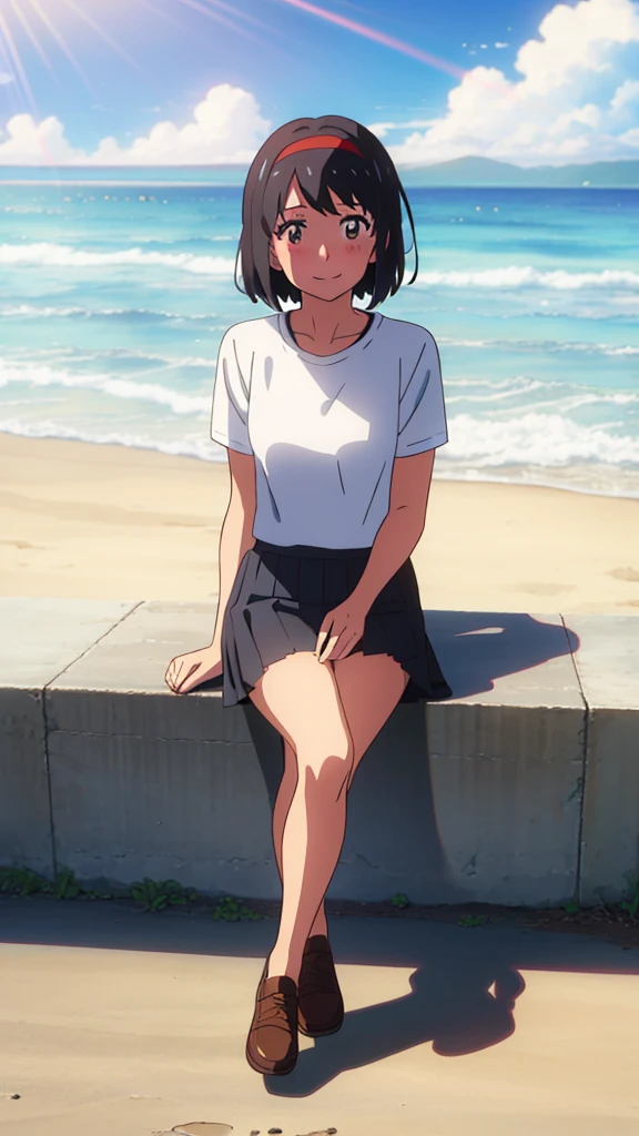 shinkai makoto, kimi no na wa., 1girl, bangs, black hair, blushing, brown eyes, casual clothes, white t-shirt, black pleated skirt, red headband, red ribbon, short hair, smiling, cute, solo, looking at viewer, outdoors, summer, beach, cloudy, sunlight, sitting on the ground, full body