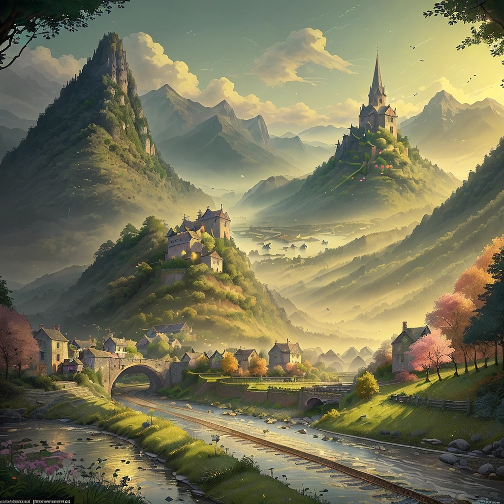 ((best quality)), ((masterpiece)), (detailed), a beautiful, lush fantasy landscape, a small village sits near a river bank and a set of train tracks run through the background, gorgeous fantasy landscape, stunning world, in the style of video game concept art