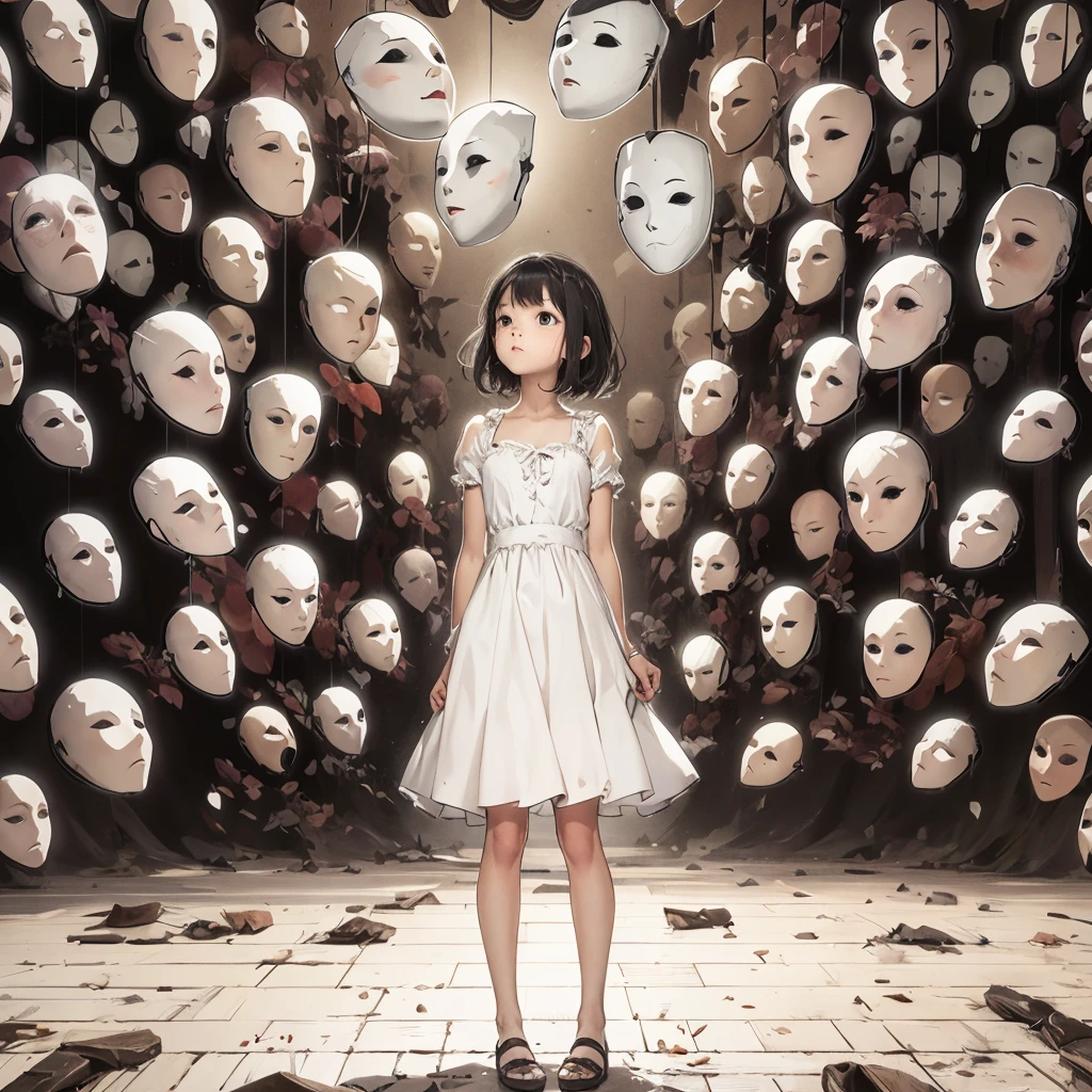 Girl surrounded by hundreds of white theater masks