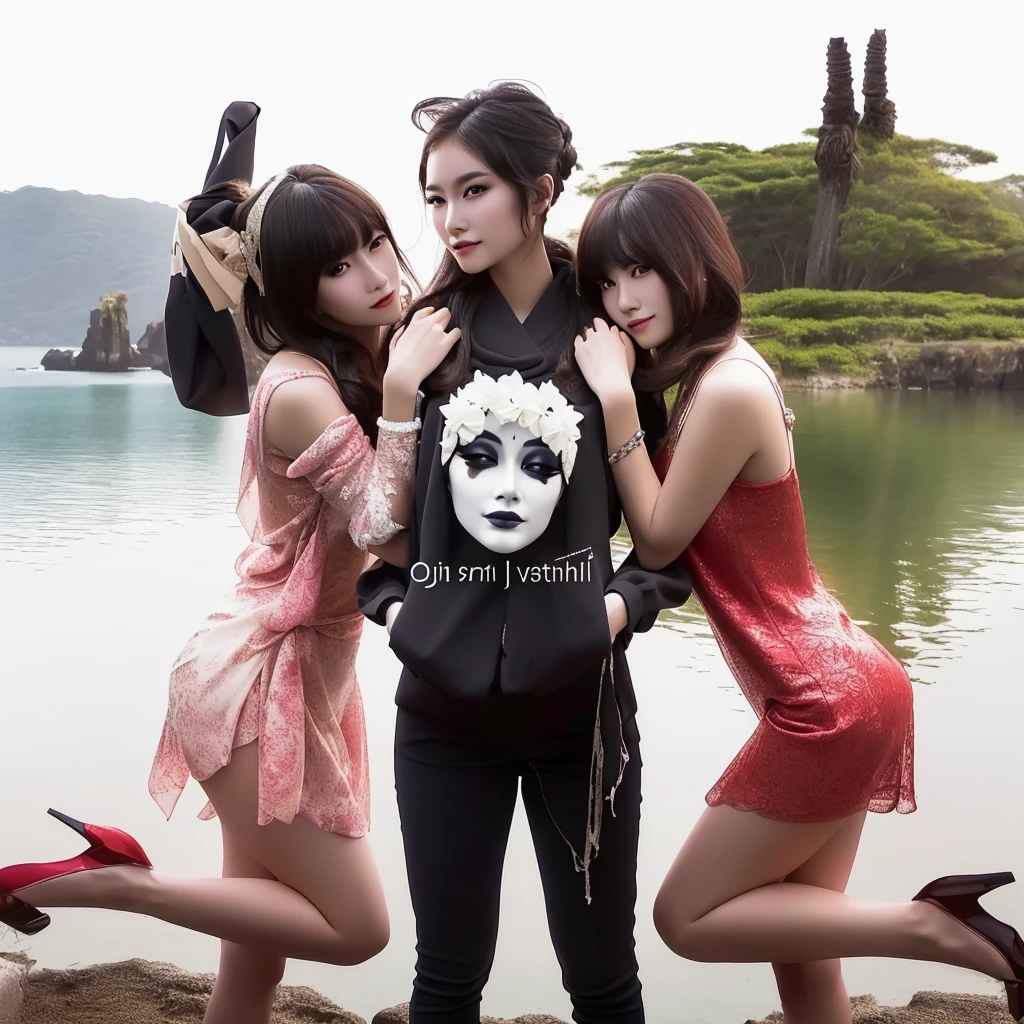 a beautiful detailed portrait of three asian female models in bikini g-strings, little smile, realistic, photorealistic, high fashion editorial style, sensual, elegant, chic, detailed facial features, beautiful eyes and lips, perfect skin, slim figures, graceful poses, ocean background, natural lighting, warm color tones, cinematic composition