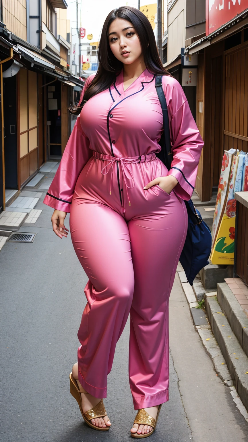 Arabic Woman in street japanese , curvy body , wearing jumpsuit pajamas, beautiful woman, very detail ,wide hips, loong legs, tall ,thick high, pawg, full body in camera, wearing strap wedges