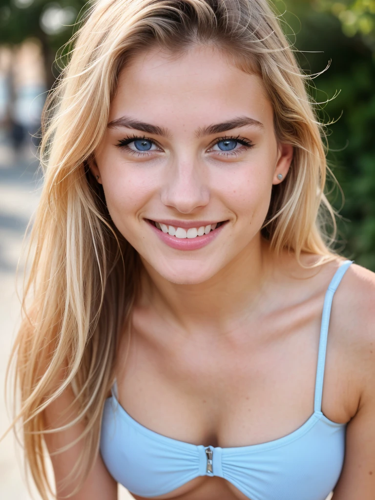 professional, (8K photo:1,1), (Focus:1,3), high detail, playful 18 year old Italian girl, (attractive young woman:1.3), (seductive:1.1), beautiful detailed face, blue eyes, blonde hair, (blushing:1.1), Beautiful young and athletic body, Beautiful breasts:1.2, beautiful smile, close up photo on her feet from home