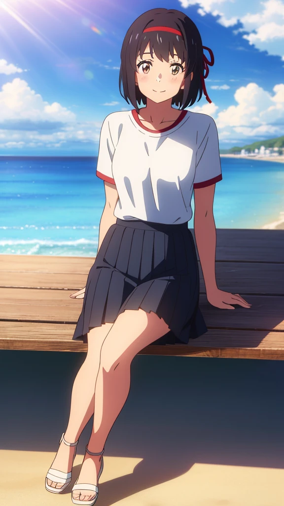 shinkai makoto, kimi no na wa., 1girl, bangs, black hair, blushing, brown eyes, casual clothes, white t-shirt, black pleated skirt, red headband, red ribbon, short hair, smiling, cute, solo, looking at viewer, outdoors, summer, beach, cloudy, sunlight, sitting on the ground, full body