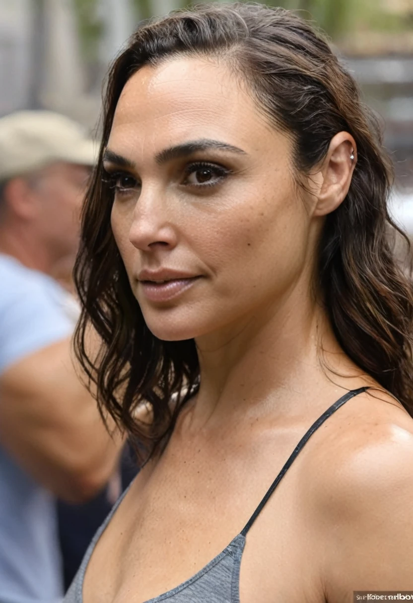 (( high quality random Erotic celebrity paparazzi shot )) , ( 40yo woman GalGadot, Photorealistic , lora, housewife, working, full upper body shot, solo, walking, sexy, wet sweaty hair ,tired expression , no mmake-up :1.5, oily skin, sweaty ,random move , woman, actress , realistic babe ) ,tight sweaty tshirt , extremely realistic skin texture , extremely erotic , tall woman, fit fleshy figure , shiny sweaty skin , vacation side, erotic angle ( depth of field, detailed face ,insanely detailed skin texture, hyper detailed features )