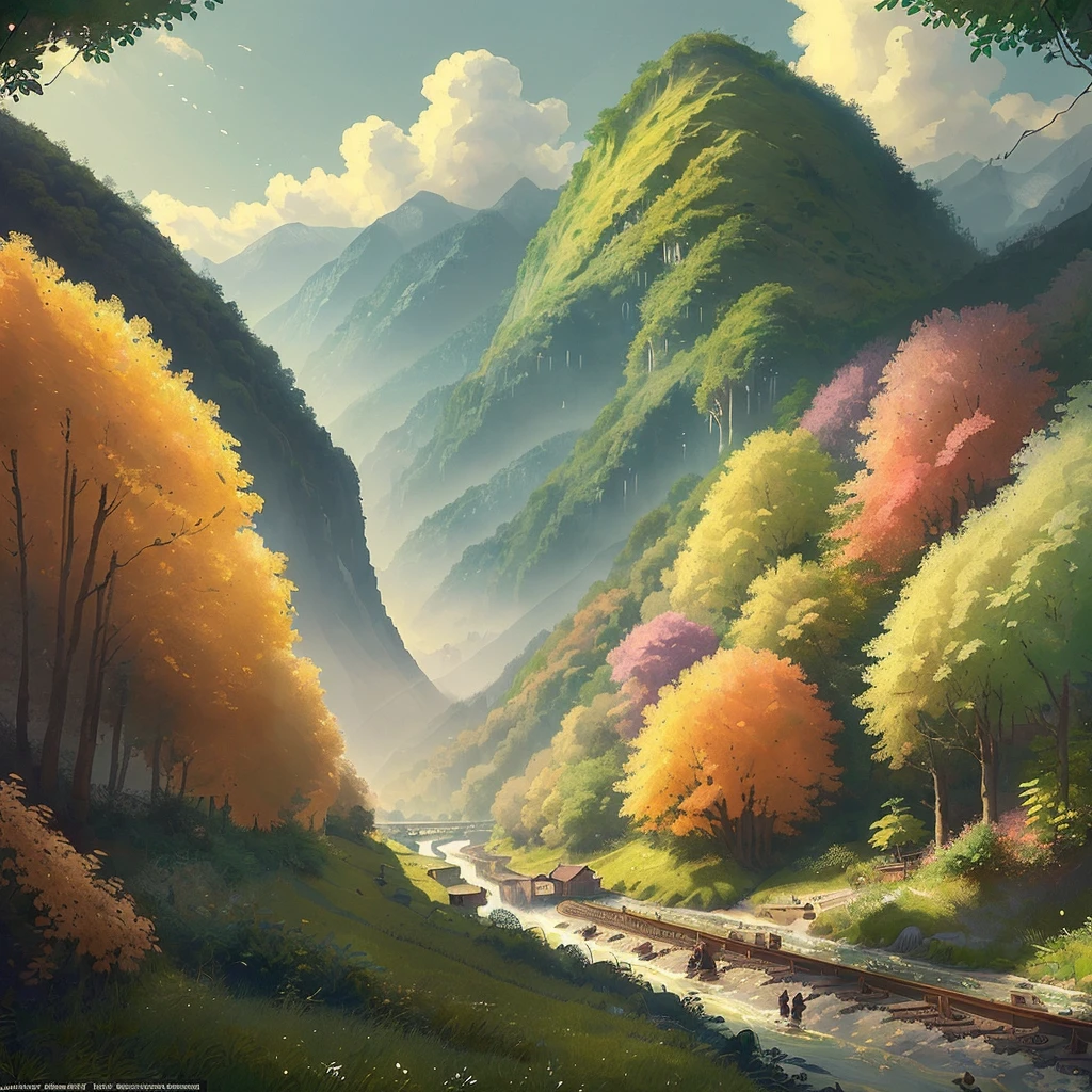 ((best quality)), ((masterpiece)), (detailed), a beautiful, lush fantasy landscape, a small village sits near a river bank and a set of train tracks run through the background, gorgeous fantasy landscape, stunning world, in the style of video game concept art