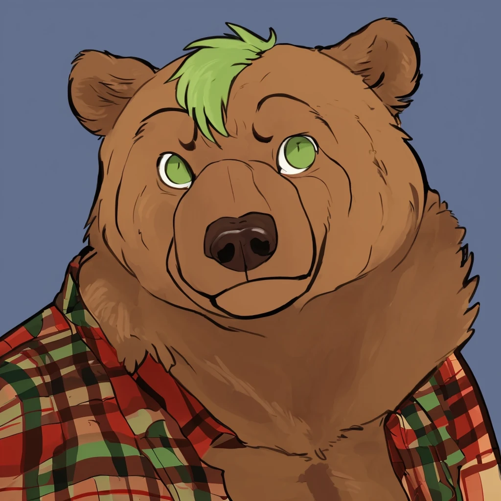 portrait of anthropomorphic and muscular grizzly bear with green hair, closed smile, dressed with a lumberjack shirt, he's in front of the viewer, high quality furry art.