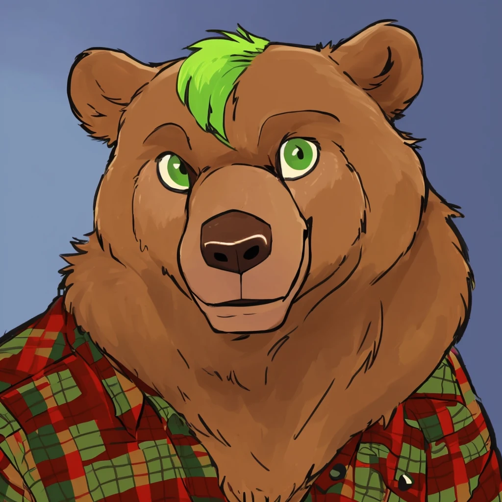 portrait of anthropomorphic and muscular grizzly bear with green hair, closed smile, dressed with a lumberjack shirt, he's in front of the viewer, high quality furry art.