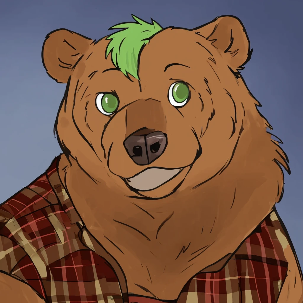 portrait of anthropomorphic and muscular grizzly bear with green hair, closed smile, dressed with a lumberjack shirt, he's in front of the viewer, high quality furry art.