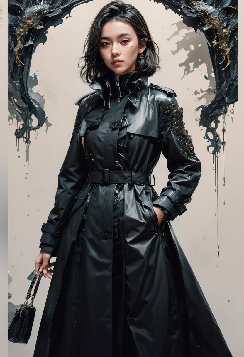Black Trench Coat, full body, by xu beihong, best quality, masterpiece, very aesthetic, perfect composition, intricate details, ultra-detailed