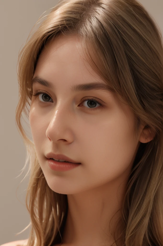 A photorealistic portrait of a young and beautiful woman with light blonde hair, long hair, and light brown eyes, American. The image should focus on capturing her facial features in a realistic and flattering manner, epic realism, raw photo, (highly detailed skin:1.2), 8k, DSLR, soft lighting, high quality, film grain, Fujifilm XT3, ultra high resolution, photorealistic:1.4, uhd. The background is blurred to emphasize her face. Her facial features are meticulously detailed: her smooth and clear skin, well-defined cheekbones, a perfectly shaped nose, a high and smooth forehead, long and thick eyelashes, well-groomed eyebrows, and soft, slightly parted lips. The lighting highlights the natural contours of her face, giving a lifelike and vibrant appearance.
