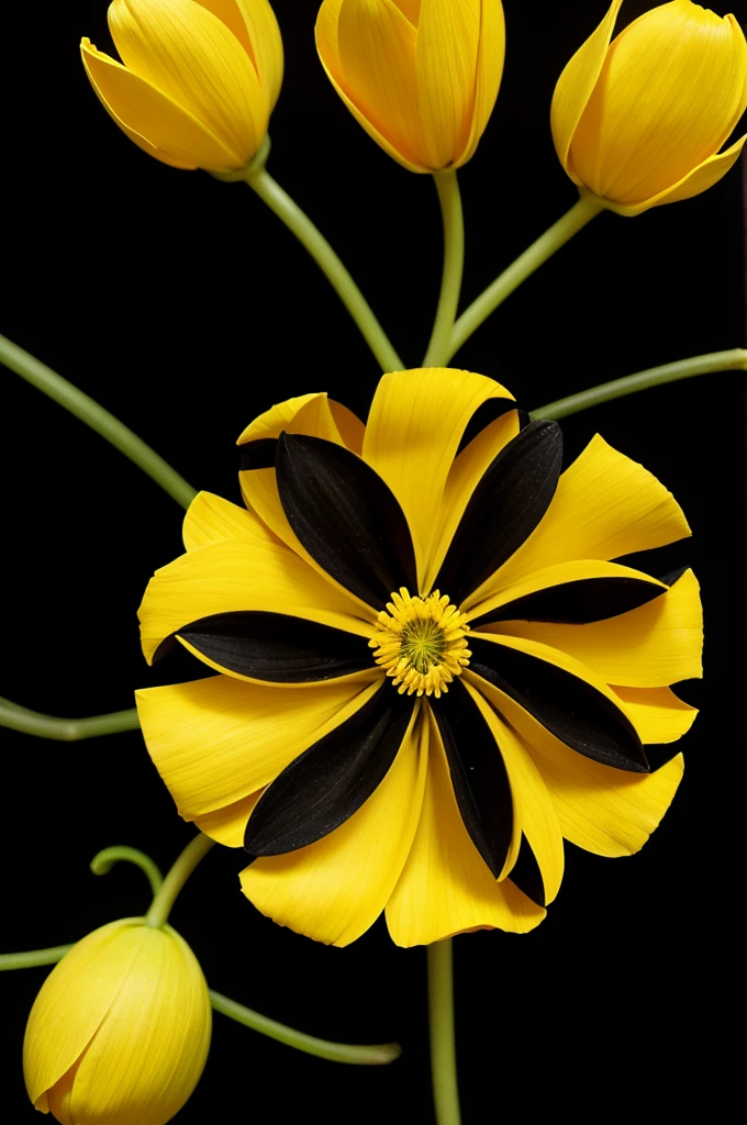 Make a swirly yellow flower with seven petals and a black background