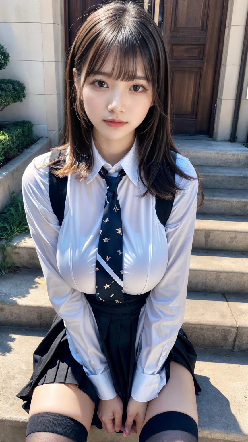 (8K, RAW Photos, Highest quality, masterpiece:1.2), masterpiece, super detailed, super high quality, (Realistic and photorealistic photography:1. 37), High-resolution RAW color photos, Very delicate and beautiful, highly detailed, 8k wallpaper, wonderful, detailed, Very eye, very detailed, very detailed skin, very thin fingers, very detailed nose, very detailed mouth, Perfect Anatomy, BREAK,18 year old girl, moped, short hair, bangs, emphasize breasts, huge breasts, colossal tits, very huge round breasts, beauty legs, (Spread your legs:1.2), (Open your legs:1.2), Hands between legs, (perfect body shape:1.1), Big Natural Color Lip, Small and round face, cute type, (Details High quality, realistic depiction of eyes:1.3), Beautiful makeup, glitter makeup, BREAK, skirt, socks, black socks, pleated skirt, kneehighs, white shirt, blue necktie, long sleeves, vest, collared shirt, BREAK, (sitting on a step:1.2), bold sexy pose