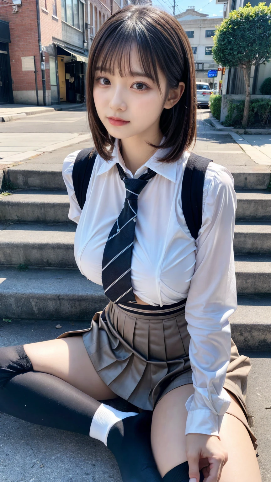 (8K, RAW Photos, Highest quality, masterpiece:1.2), masterpiece, super detailed, super high quality, (Realistic and photorealistic photography:1. 37), High-resolution RAW color photos, Very delicate and beautiful, highly detailed, 8k wallpaper, wonderful, detailed, Very eye, very detailed, very detailed skin, very thin fingers, very detailed nose, very detailed mouth, Perfect ???????, BREAK,18 year old girl, moped, short hair, bangs, emphasize ???????, ????????????, colossal ????, very huge round ???????, beauty legs, (Spread your legs:1.2), (Open your legs:1.2), Hands between legs, (perfect body shape:1.1), Big Natural Color Lip, Small and round face, cute type, (Details High quality, realistic depiction of eyes:1.3), Beautiful makeup, glitter makeup, BREAK, skirt, socks, black socks, pleated skirt, kneehighs, white shirt, blue necktie, long sleeves, vest, collared shirt, BREAK, (sitting on a step:1.2),  bold ???? pose