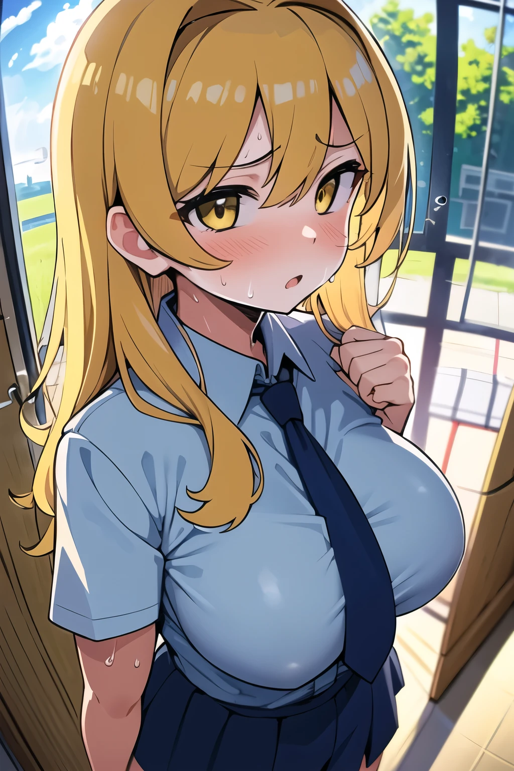 1 Female, Age 20,whole body,Standing,Moving the subject far away,blonde perm hair,Gal,((face)), In the heat, Sulky face, Yellow Eyes,tits, White shirt,Navy blue tie,High quality anime, Vulgar,(90s Anime), ((Sweat)), Mastepiece, Ultra High Quality, High resolution, 8K, background:live-action,background:Super Real,background:Photographic school classroom,Window,sunlight,((Fisheye Lens)),backgroundボケ,(Low - Angle),