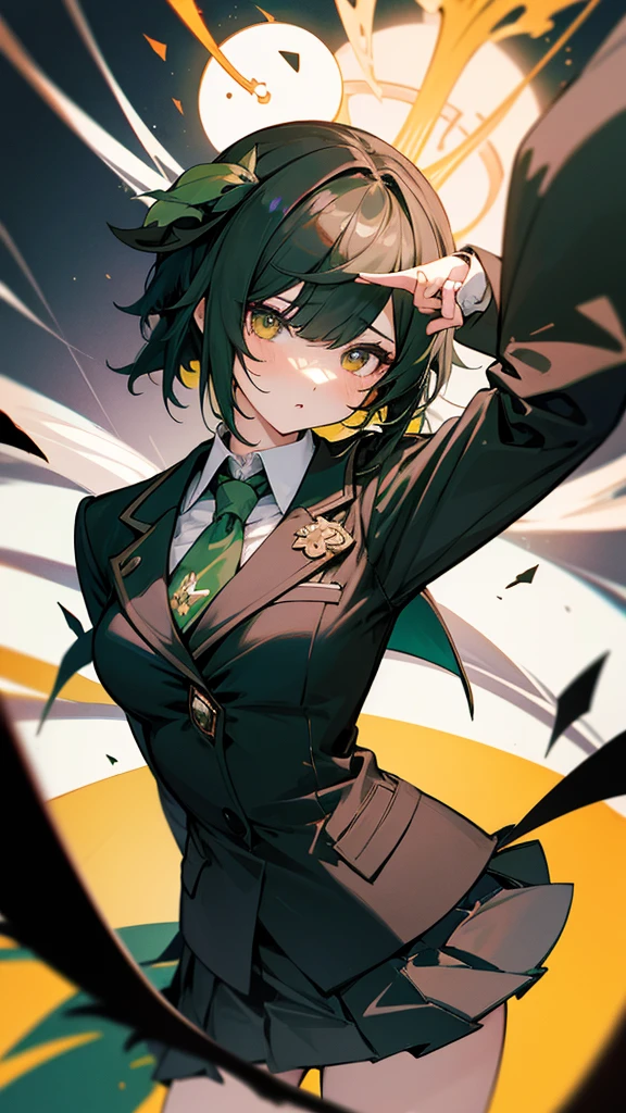 masterpiece, Highest quality, One girl, alone, Nahida_Genshin Impact, Cruciform pupil, , Green tie, blazer, Pleated skirt, Black cape, Are standing