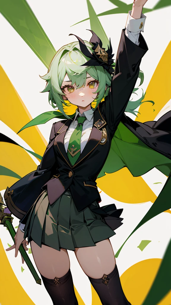 masterpiece, Highest quality, One girl, alone, Nahida_Genshin Impact, Cruciform pupil, , Green tie, blazer, Pleated skirt, Black cape, Are standing  