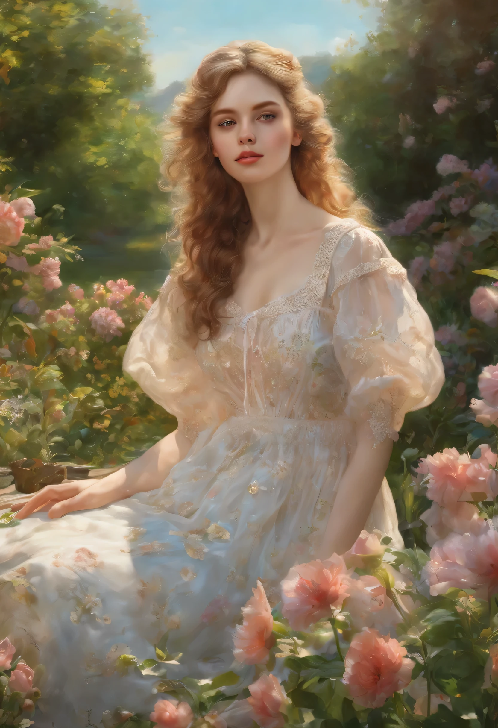 A girl in a garden.,half:oil painting,detailed flowers and plants,Soft sunlight filters through the trees.,vibrant colors,Beautiful detailed eyes,beautiful detailed lips,soft breeze blowing your hair,intense look,playful expression,flowy dress,Delicate lace trim,female silhouette,green grass and blooming flowers,bright blue sky with white fluffy clouds(Best Quality,4k,8k,high resolution,Masterpiece:1.2),ultra detailed,realist:1.37,impressionist style,pastel color palette,Warm, golden lighting