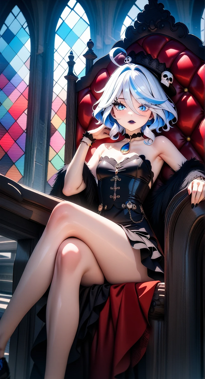 (masterpiece,best quality,8K,HDR),closeup, 1girl,solo,furina,mature,intense blue hair,long straight hair,two hair buns,bangs,shaggy cut,blue marine eyes,dark lipstick,eyes makeup,skull hair ornament,gothic,dark noble attire,strapless,short black dress,bare legs,frills,spikey choker,(huge window in background,multicolored glass,geometric patterns:1.2),throne,sitting on throne,crossed legs,dark,moonlight passing through,skulls,red carpet,castle
