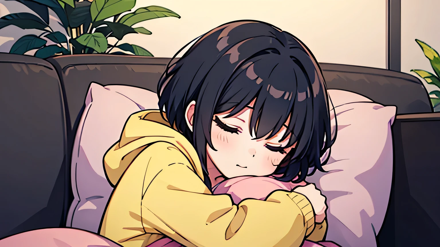 1girl, solo, , flat chest, short hair, black hair,, hoodie, upper body, ((masterpiece, illustration, best quality)) sleeping with her eyes closed at her room during nighttime in a suburban area surrounded by plants, laying at a couch, hugging a pillow