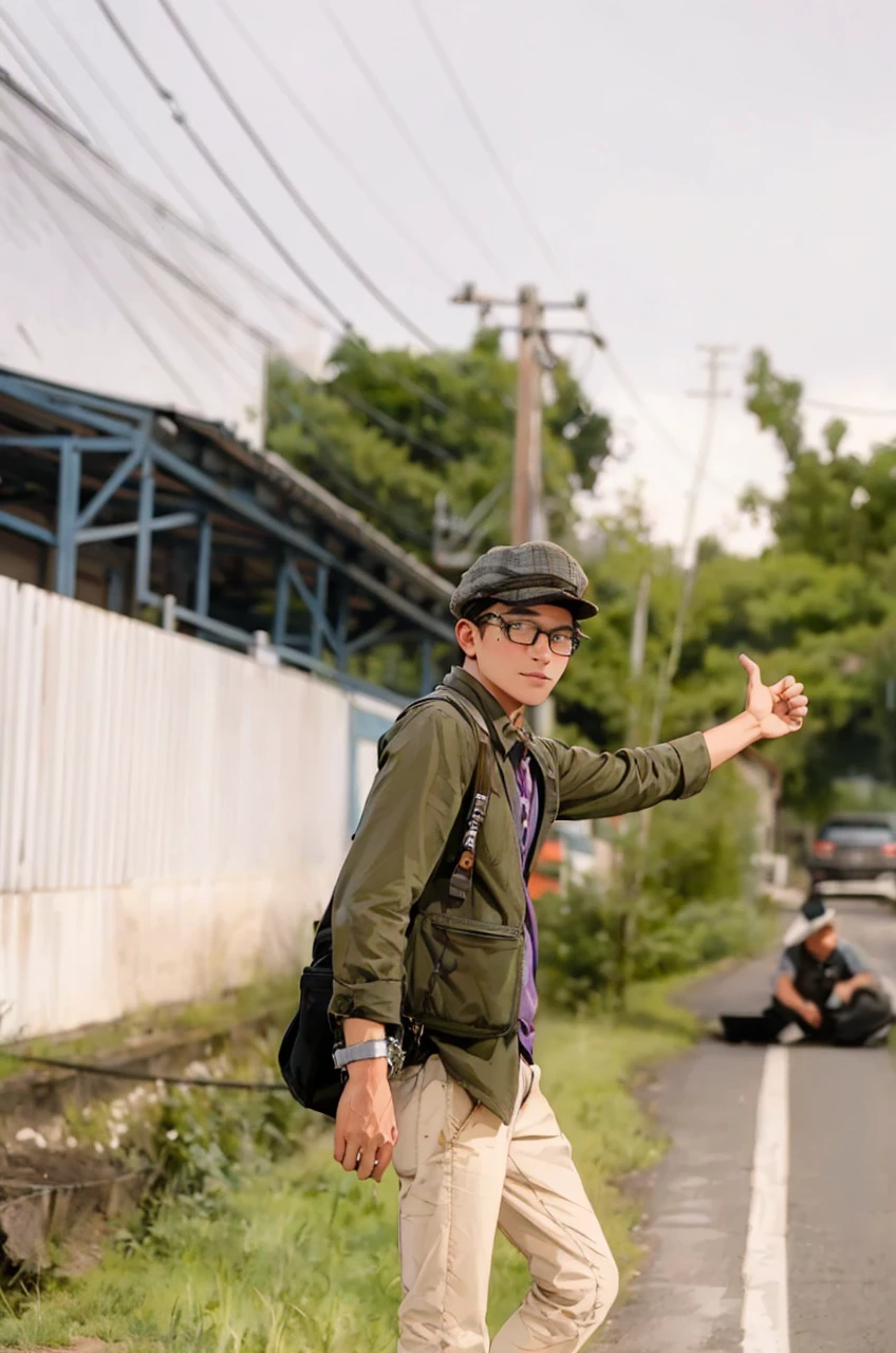 (Best quality,A high resolution,Ultra-detailed,Realistic:1.2),a young man holding a camera, wearing newsboy hat, vintage look, outfit, at outside barn house, country side, warm tone, photography(promotional poster)。