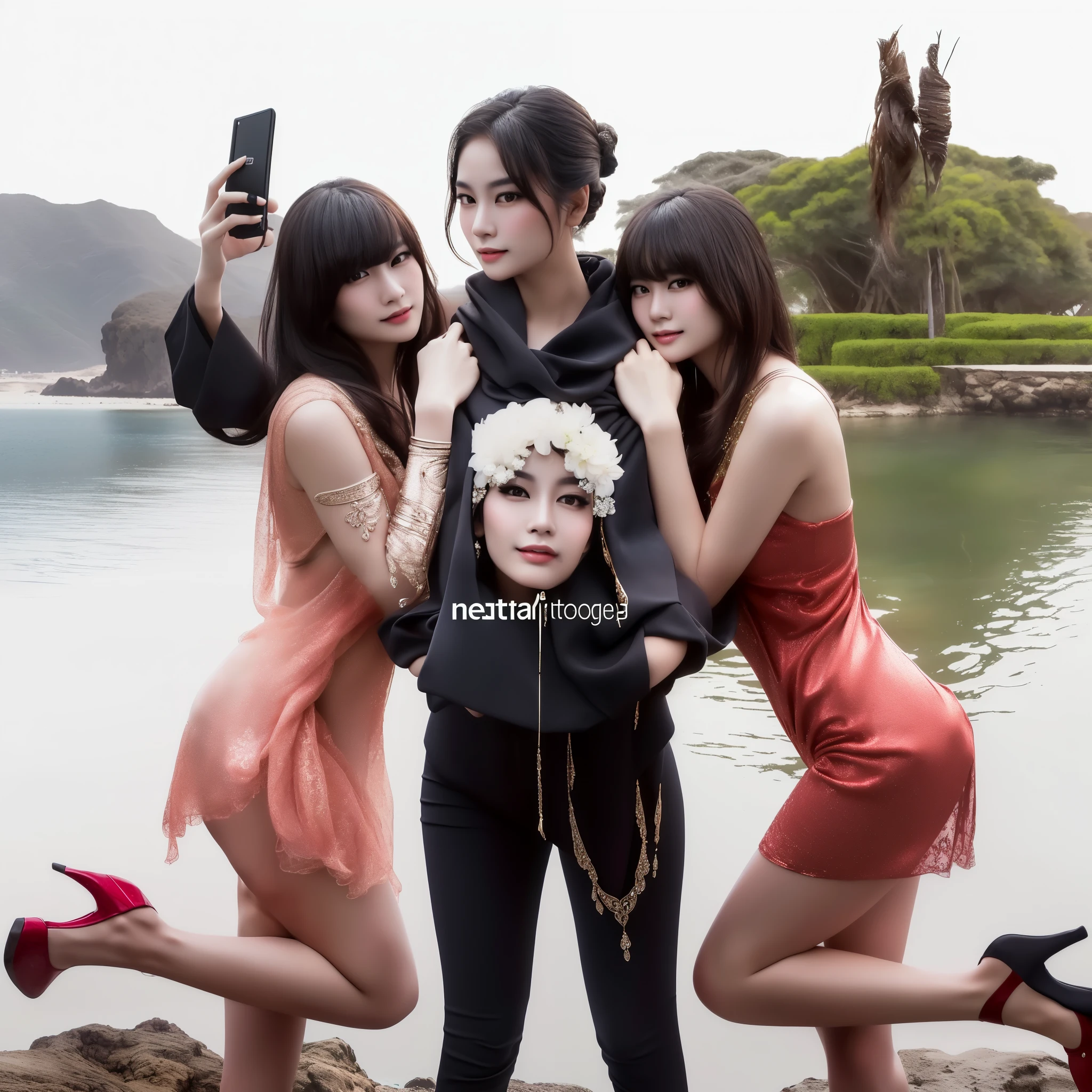 a beautiful detailed portrait of three asian female models in bikini g-strings, little smile, realistic, photorealistic, high fashion editorial style, sensual, elegant, chic, detailed facial features, beautiful eyes and lips, perfect skin, slim figures, graceful poses, ocean background, natural lighting, warm color tones, cinematic composition