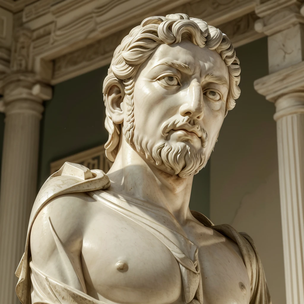 "A logo that embodies the wisdom and serenity of Marcus Aurelius, Roman emperor and stoic philosopher. Include elements like a marble bust of Marcus Aurelius, a background of olive leaves symbolizing peace and wisdom, and a faint halo of golden light around the figure to convey inspiration and illumination. Soft colors like olive green and ivory tones to reflect tranquility and philosophical reflection."