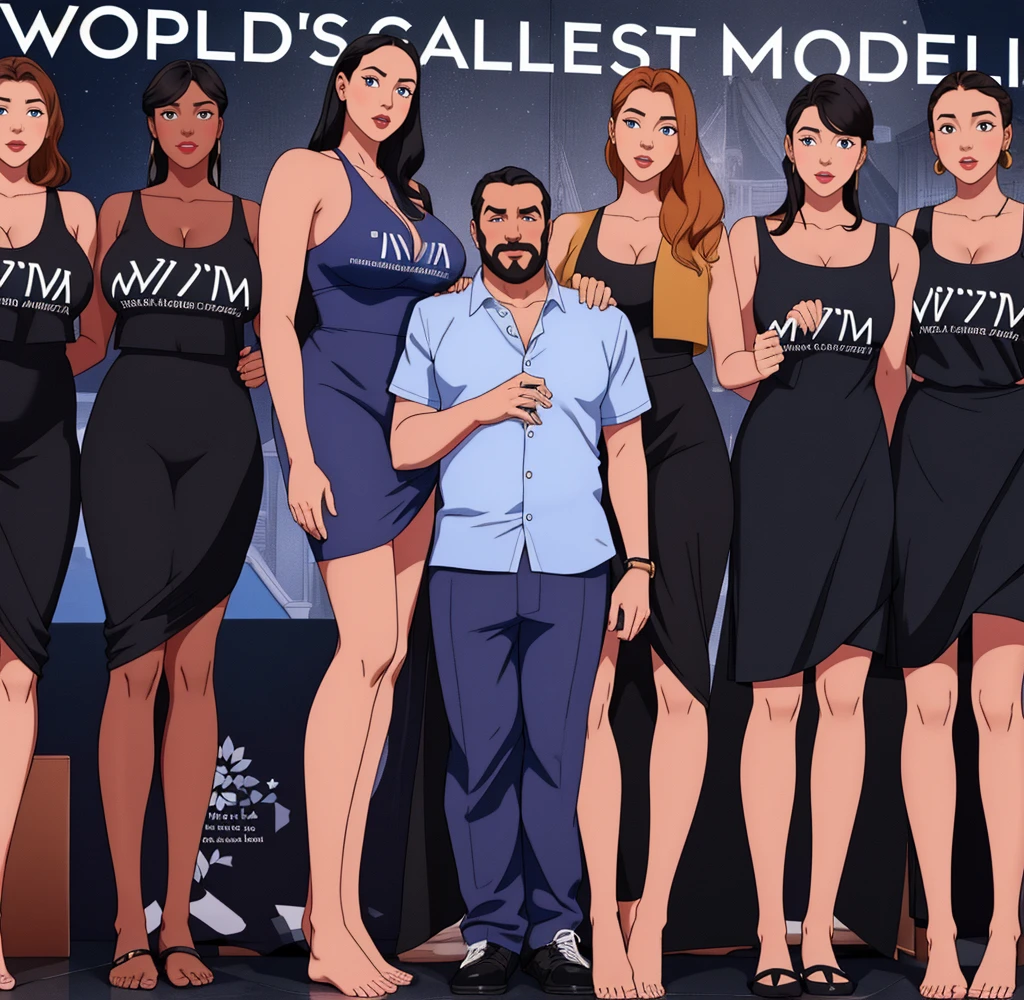 Three tall girls on the lfe left, three tall girls in the right, short man in the middle, the girls are much taller than the man, girls have big and cleavage, girls are wearing black, man is wearing blue shirt, girls are standing barefoot, man is wearing shoes,