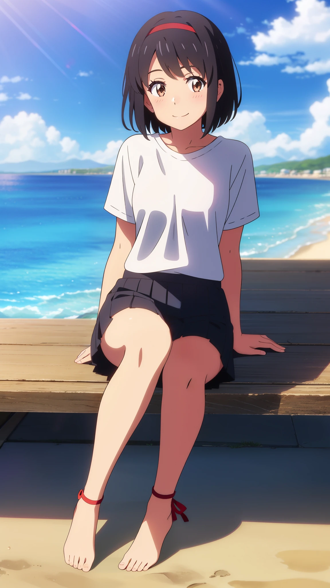 shinkai makoto, kimi no na wa., 1girl, bangs, black hair, blushing, brown eyes, casual clothes, white t-shirt, black pleated skirt, red headband, red ribbon, short hair, smiling, cute, solo, looking at viewer, outdoors, summer, beach, cloudy, sunlight, sitting on the ground, full body