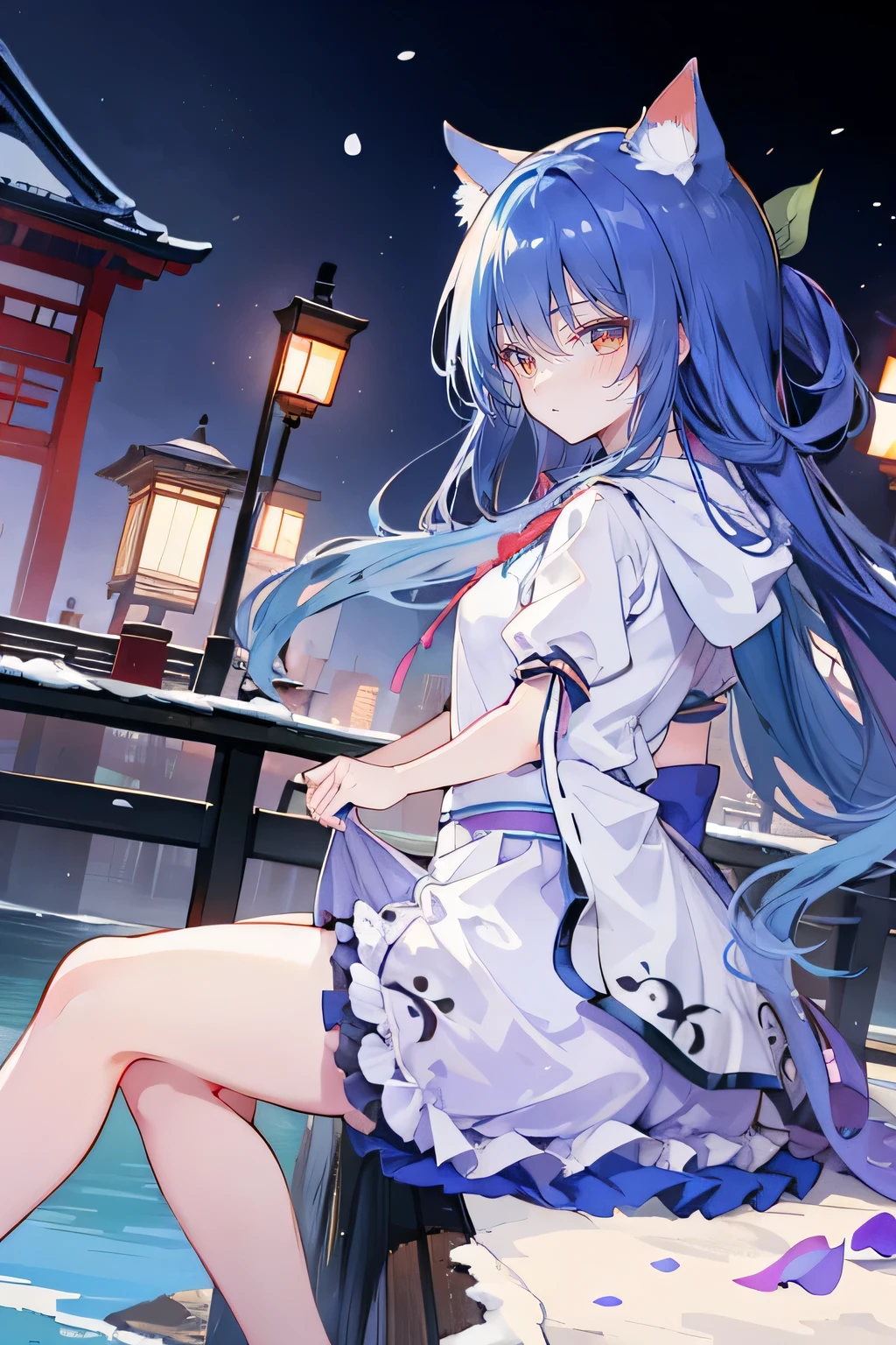 （masterpiece：1.2），Super detailed，lifelike，Expressive eyes，fair skin，perfect face shape，1 girl，
Japanese comics,Gorgeous blue hair,flowing blue hair,flowing clothes,Cat ears,Petals fall,beautiful lola,Baby Angel,
Cross your legs，Gentle and peaceful background，The pavilion is cool and comfortable,smile, wearing hoodie, background of tokyo,back views,snowing, winter.