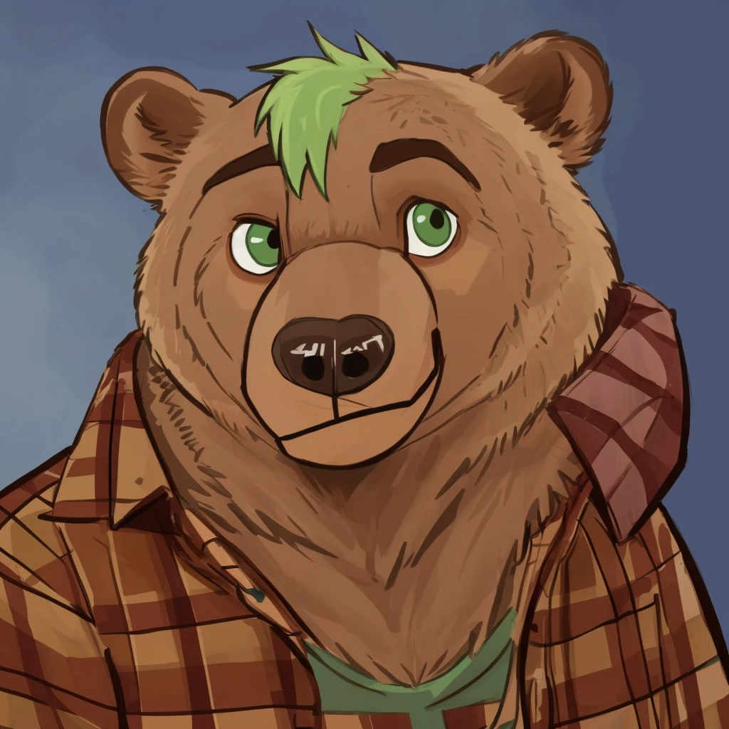 portrait of anthropomorphic grizzly bear with green hair, closed smile, dressed with a lumberjack shirt, high quality furry art.