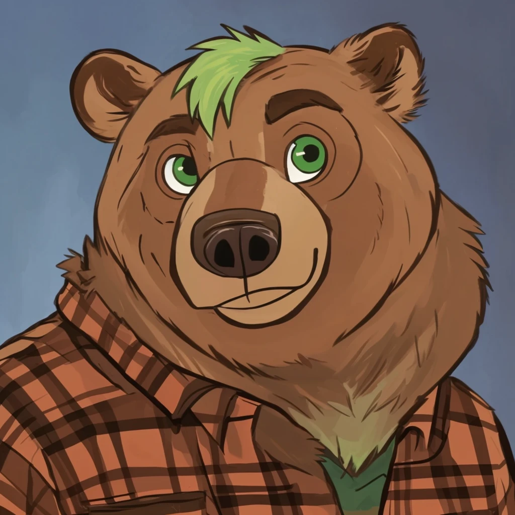 portrait of anthropomorphic grizzly bear with green hair, closed smile, dressed with a lumberjack shirt, high quality furry art.