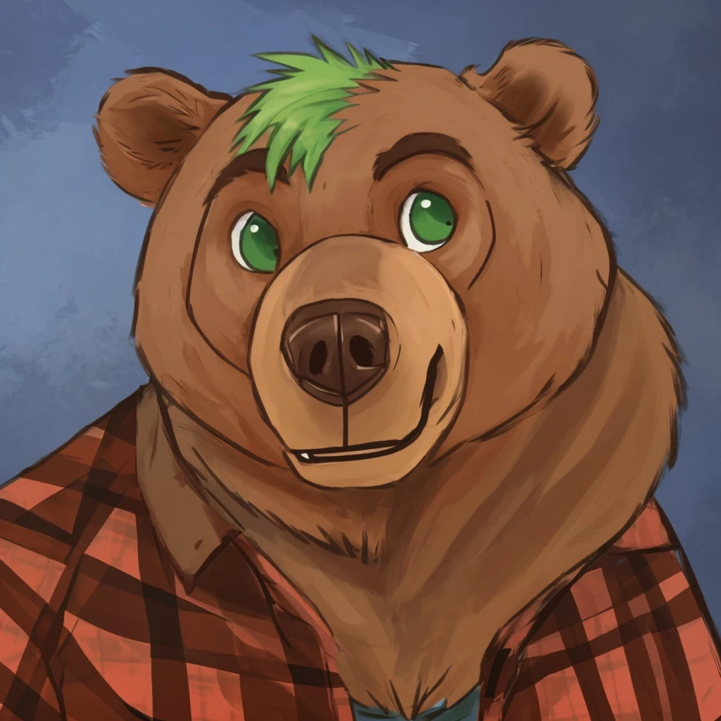 portrait of anthropomorphic grizzly bear with green hair, closed smile, dressed with a lumberjack shirt, high quality furry art.