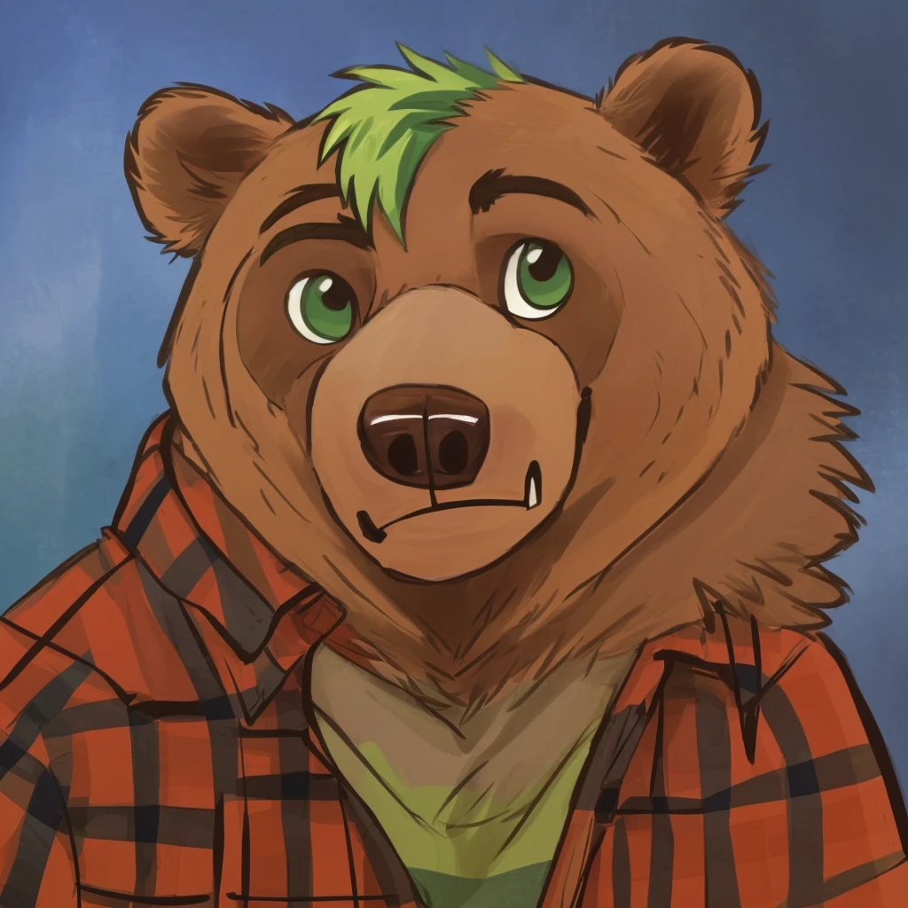 portrait of anthropomorphic grizzly bear with green hair, closed smile, dressed with a lumberjack shirt, high quality furry art.