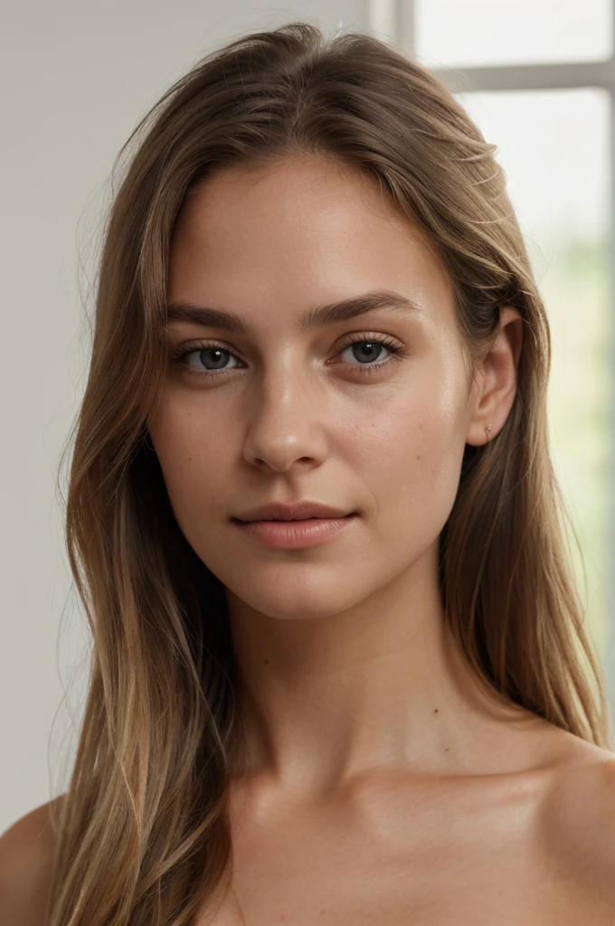 A photorealistic portrait of a young and beautiful woman with light blonde hair, long hair, and light brown eyes, American. The image should focus on capturing her facial features in a realistic and flattering manner, epic realism, raw photo, (highly detailed skin:1.2), 8k, DSLR, soft lighting, high quality, film grain, Fujifilm XT3, ultra high resolution, photorealistic:1.4, uhd. The background is blurred to emphasize her face. Her facial features are meticulously detailed: her smooth and clear skin, well-defined cheekbones, a perfectly shaped nose, a high and smooth forehead, long and thick eyelashes, well-groomed eyebrows, and soft, slightly parted lips. The lighting highlights the natural contours of her face, giving a lifelike and vibrant appearance.