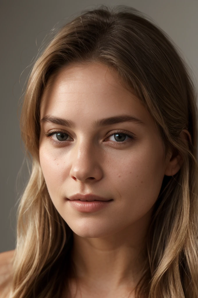 A photorealistic portrait of a young and beautiful woman with light blonde hair, long hair, and light brown eyes, American. The image should focus on capturing her facial features in a realistic and flattering manner, epic realism, raw photo, (highly detailed skin:1.2), 8k, DSLR, soft lighting, high quality, film grain, Fujifilm XT3, ultra high resolution, photorealistic:1.4, uhd. The background is blurred to emphasize her face. Her facial features are meticulously detailed: her smooth and clear skin, well-defined cheekbones, a perfectly shaped nose, a high and smooth forehead, long and thick eyelashes, well-groomed eyebrows, and soft, slightly parted lips. The lighting highlights the natural contours of her face, giving a lifelike and vibrant appearance.