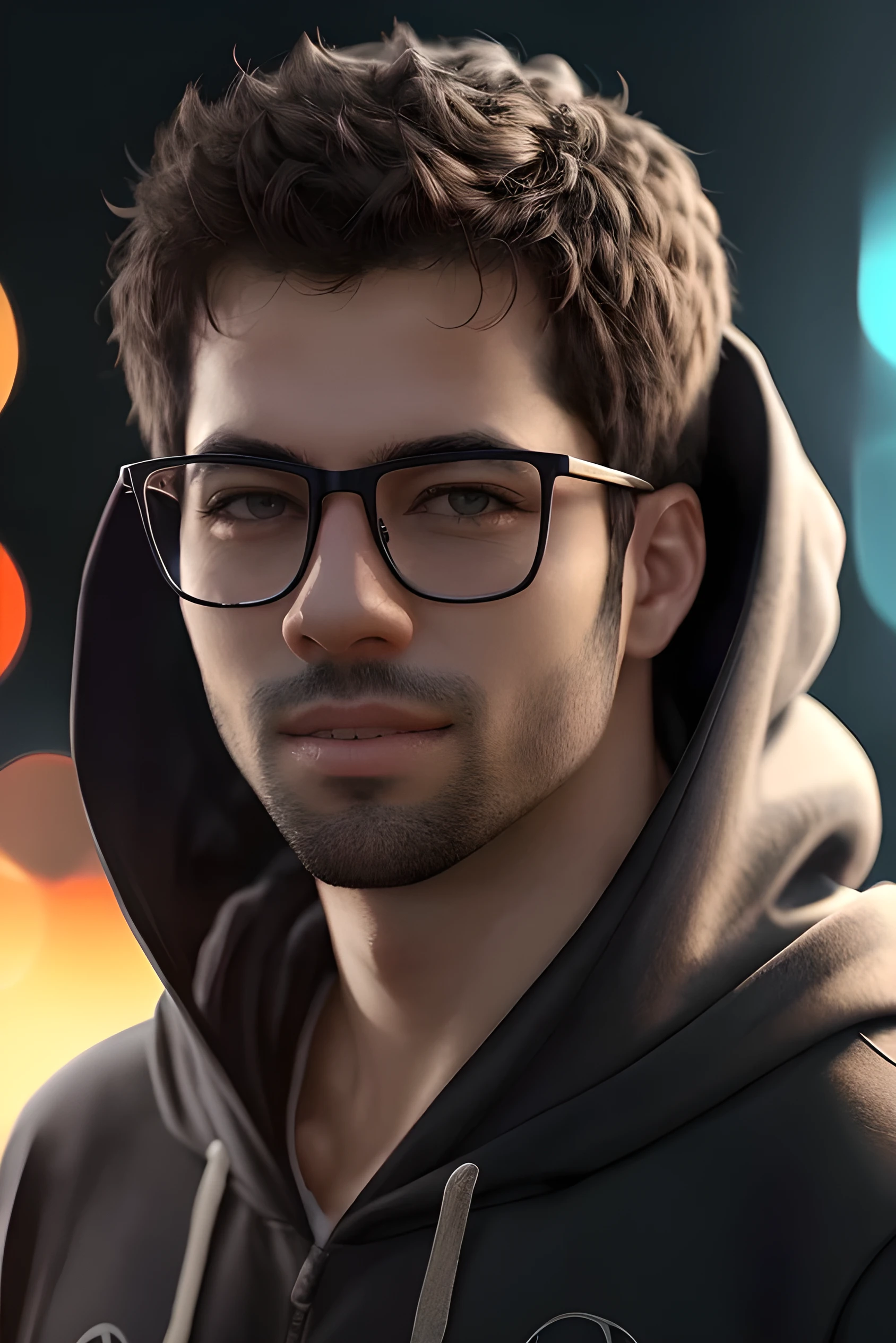 A cheerful man wearing glasses and a hoodie, detailed portrait, character headshot, PivaArts style, 2D Pixar Disney cartoon, NFT, avatar, Discord profile, Twitch streamer, gamer, best quality, 4k, 8k, highres, masterpiece, ultra-detailed, realistic, photorealistic, photo-realistic, HDR, UHD, studio lighting, ultra-fine painting, sharp focus, physically-based rendering, extreme detail description, professional, vivid colors, bokeh, portraits