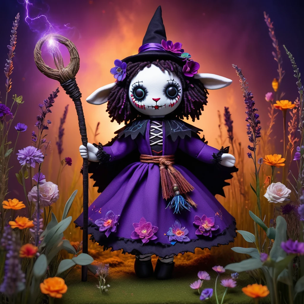 (knitted toy voodoo doll:1.8), (Voodoo Sheep:1.3), (Witch of the Dusk Meadow:1.3), (Clothing: dusk-colored cloak with mystical patterns:1.0), (Accessories: enchanted wand emitting purple light, levitating spectral herbs:1.1), (background: twilight meadow with floating flowers, glowing plants, and spectral lights:1.2), best quality, masterpiece, detailed soft oil painting, detailed background, dramatic cinematic lighting, soft edge lighting, professional, dramatic lighting, hard edge lighting, ultra quality, 4k, masterpiece, best quality, 8k, ultra high definition, high resolution, extremely detailed