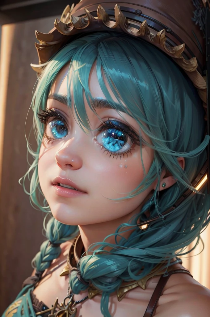 a girl, long sky blue hair, two pig tail, big green eyes, close up, steampunk dress, in clock room, light smile, ray tracing, reflection light, glowing light, Canon, Fujifilm, from above, Ultra-Wide Angle, bust chart, 16k, 8k, highres, best quality, award winning, high details, high quality, super detail, textured skin, anatomically correct, masterpiece, UHD