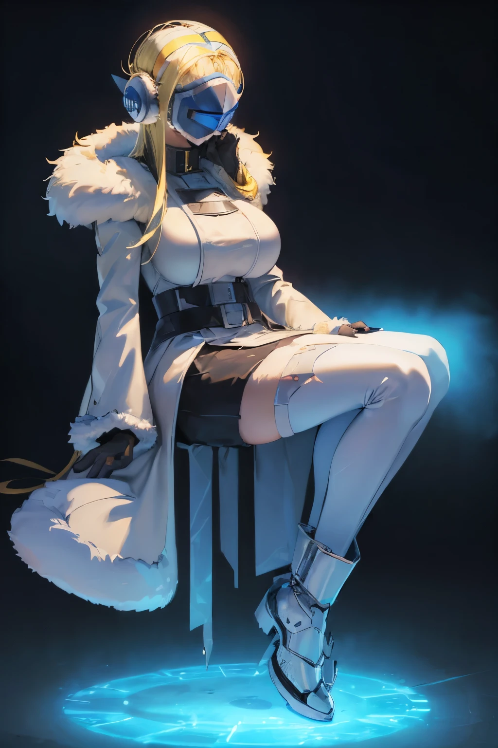  Charming Angel Digimon, Digimon Sandrimon,  Simple Futuristic Cyborg Empress, Queen of Ice and Storm, masterpiece, Highest quality, 4K, Ultra-high resolution,(Face Shield:1.5),(Blonde:1.7),White fur coat,gigantic breast,boots,A LED display mask that covers the entire face,(Mature Woman:1.7),belt,No sleeve,(battle態勢:1.7),(Hiding his face with a shade:1.5),Sleek design,Cinderella,Thimble gloves,Footwork,battle,tall,solo,Cyber earmuffs,Luxurious white fur,no weapons,I have nothing in my hands,Not carrying a weapon,(Coat half off:1.4),Tight Skirt,Long legs,Beautiful feet