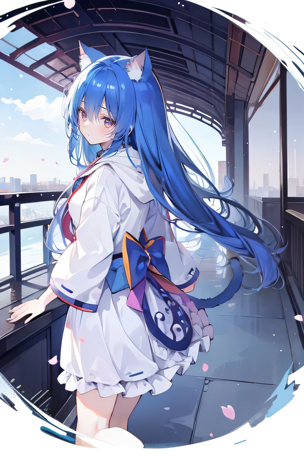 (masterpiece:1.2),Super detailed,lifelike,Expressive eyes,fair skin,perfect face shape,1 girl,
Japanese comics,Gorgeous blue hair,flowing blue hair,flowing clothes,Cat ears,Petals fall,beautiful lola,Baby Angel,
Cross your legs,Gentle and peaceful background,The pavilion is cool and comfortable,smile, wearing hoodie, background of tokyo,back views,snowing, winter.