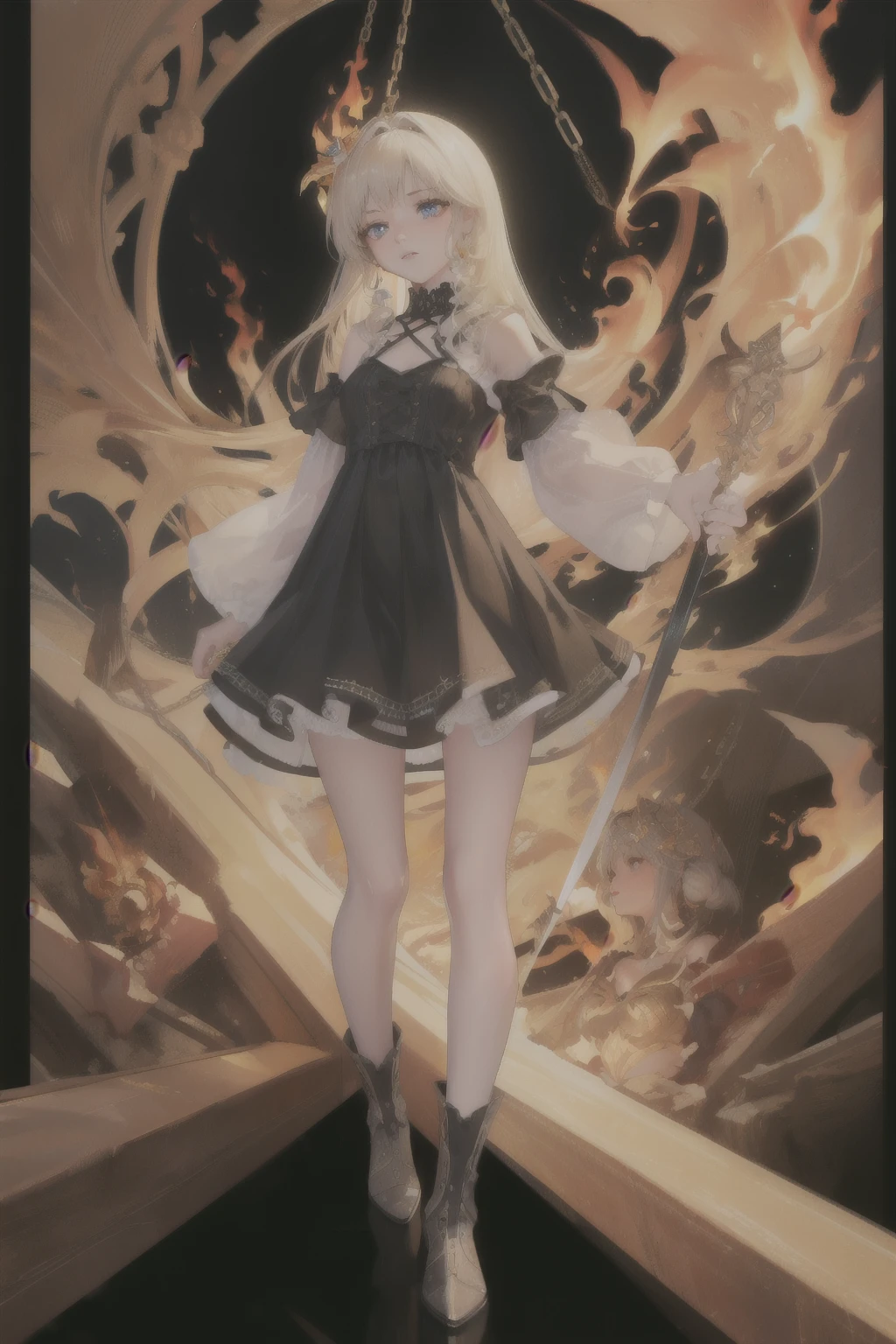 ((Finest quality)),(超A high resolution),(ultra-detailliert),(Meticulous portrayal),((Best Anime)),(Finest works of art),(Ultra-Precision Art),(The art of astounding depiction,Overwhelming depiction:1.5),(intricate and detailed art:1.6), (adult woman:1.5),(Hanging:1.6),Staring at this:1.4,sneering:1.5,(Armor shaped like a skeleton:1.3), (Black Flame:1.5), terrifying, nightmarish, cosmic horror, a heavenly female knight, biblical, very skinny, detailed, best quality, prominent collarbones, skinny arms, flat stomach, visible hip bones, dynamic poses, full body, red and white clothing, occult aesthetic, occult, detailed and intricate steampunk and detailed gothic, Fluttering lace flared long knee length dress with frilly petticoats, knee length dress, pleated petticoats, petticoats gothic, complex lace boots, gothic aesthetic, wielding a mighty sword with mechanical components, mandalas, full body, whole body, body, chains,
