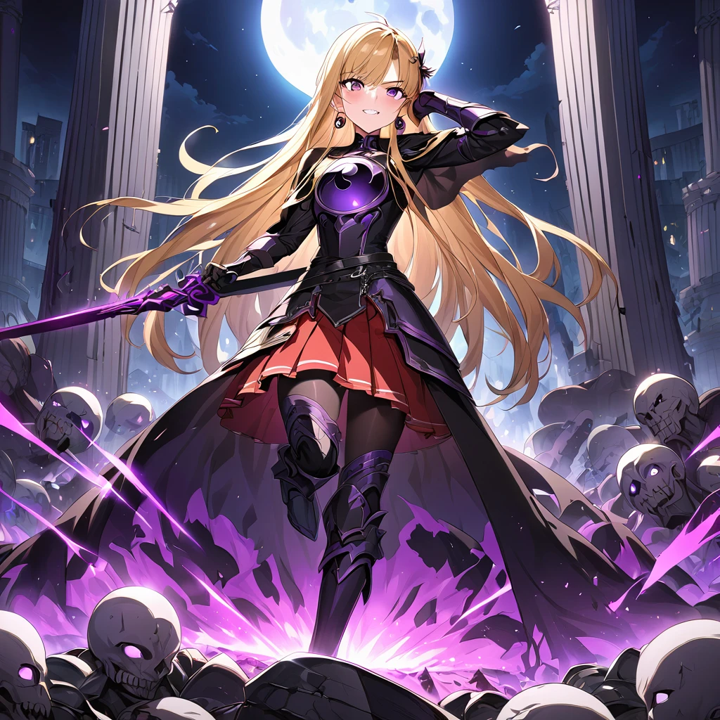 dark persona, Feeling dark energy, destroying, killing people, pile of corpses, at midnight, moon, ecstasy, looking at viewer, armor, fighting stance, happy, blush, evil grin, black leg armor, knight, long hair, octagonal yin yang mirror, purple eyes, audience, pillars of purple fire, 1 woman, black cape, runes, black dress, Ruined city, gold decoration, Summoning a dark sword, at midnight, gold hair, earring, chains, yin yang, red skirt, beautiful art, depth of field, high res, perfect face, detailed outfit