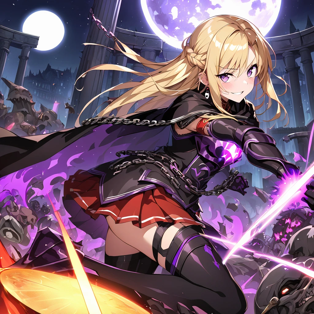 dark persona, Feeling dark energy, destroying, killing people, pile of corpses, at midnight, moon, ???????, looking at viewer, armor, fighting stance, happy, blush, evil grin, black leg armor, knight, long hair, octagonal yin yang mirror, purple eyes, audience, pillars of purple fire, 1 woman, black cape, runes, black dress, Ruined city, gold decoration, Summoning a dark sword, at midnight, gold hair, earring, chains, yin yang, red skirt, beautiful art, depth of field, high res, perfect face, detailed outfit