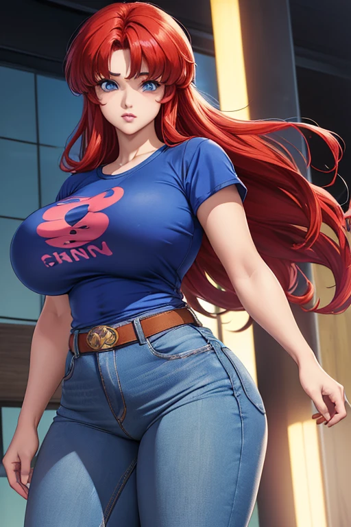 (ranma chan) (ranma saotome)(1solo)(1girl)((Solo)) ((Masterpiece)) ((High Quality)) (slim thick)((Perfect Face)) ((Huge Breasts)) ((Wide Hips)) ((Narrow Waist)) ((Beautiful)) ((Redhead)) ((Long Hair)) ((Light Skin)) ((Cute Nose)) ((BLue Eyes)) ((Young)) ((Transparent Tee Shirt)) ((Jeans))