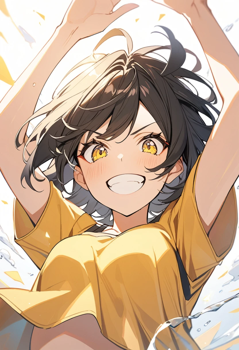 1girl, solo，light yellow eyeliner，look at viewer，((black medium hair))，sparkling yellow eyes，yellow tank top，white background，(fine hair)，wink，(hands up)，from below，upper body，jumping，grin，ridicule，