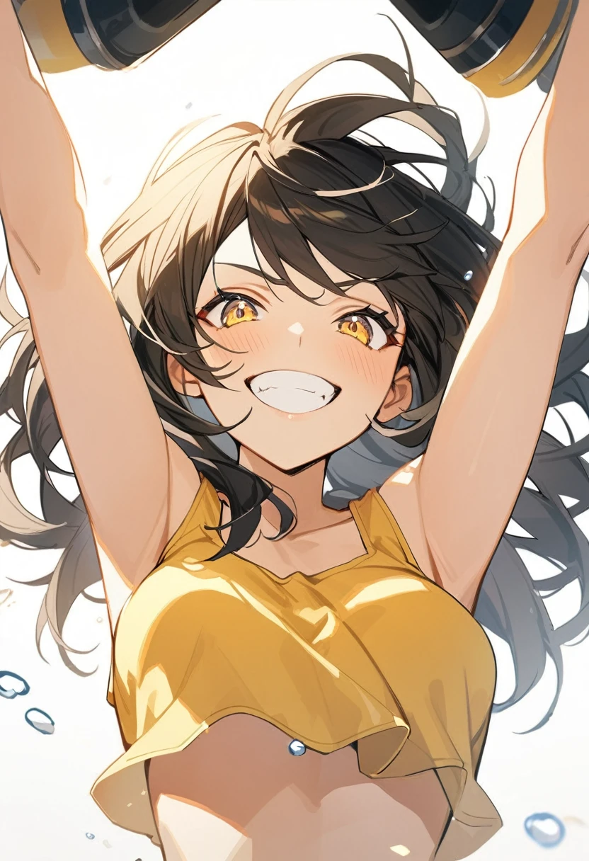 1girl, solo,light yellow eyeliner,look at viewer,((black medium hair)),sparkling yellow eyes,yellow tank top,white background,(fine hair),wink,(hands up),from below,upper body,jumping,grin,ridicule,