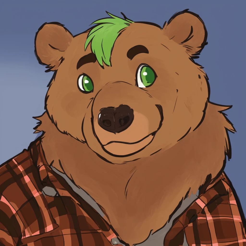 a anthropomorphic and muscular grizzly bear with green hair, closed smile, dressed with a lumberjack shirt, high quality furry art, cute.